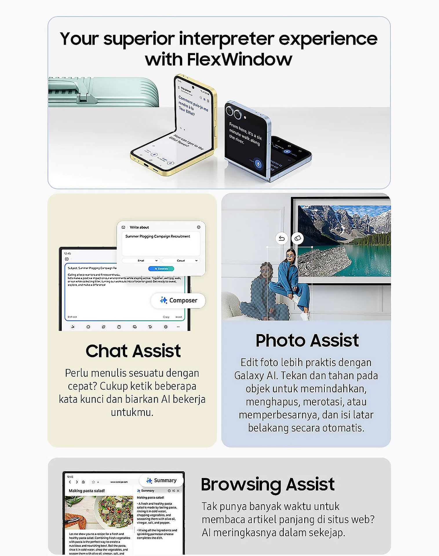 Fitur berbasis AI di Fold6 dan Flip6. Terjemahan dengan FlexWindow, Chat Assist, Photo Assist, dan Browsing Assist.